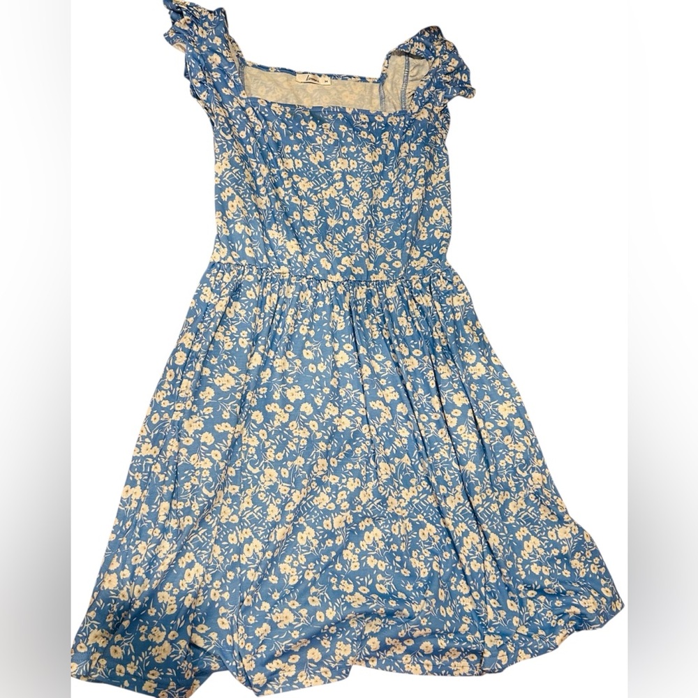 Blue and White Flutter Sleeve Sundress with Square Neck
